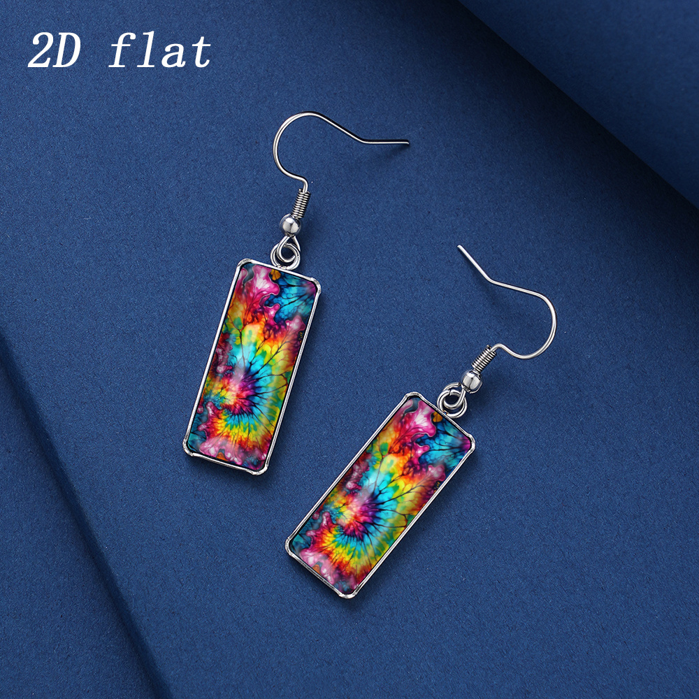 Rainbow Gradient Tie Dye Swirl Pattern Glass Cabochon Earrings